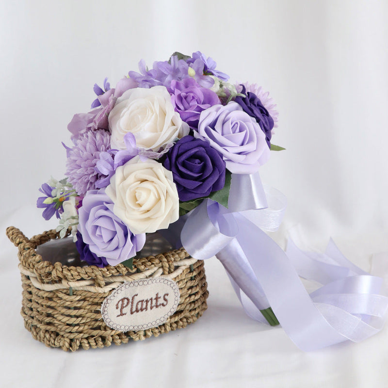 9 Inch Purple Wisteria Rose Bridal Bouquet Round Artificial Flowers Bulk Wholesale