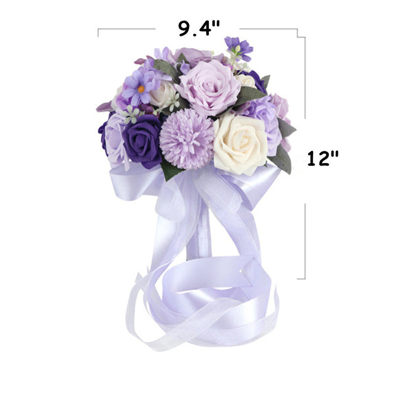 9 Inch Purple Wisteria Rose Bridal Bouquet Round Artificial Flowers Bulk Wholesale
