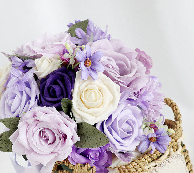 9 Inch Purple Wisteria Rose Bridal Bouquet Round Artificial Flowers Bulk Wholesale