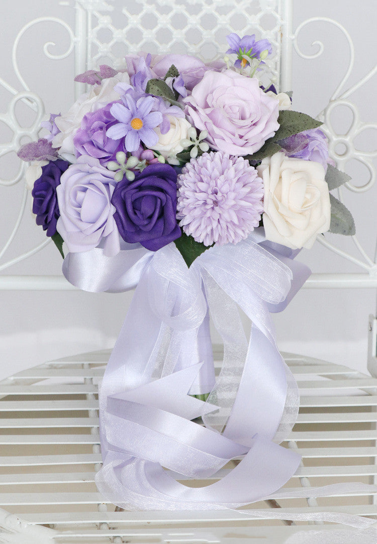 9 Inch Purple Wisteria Rose Bridal Bouquet Round Artificial Flowers Bulk Wholesale