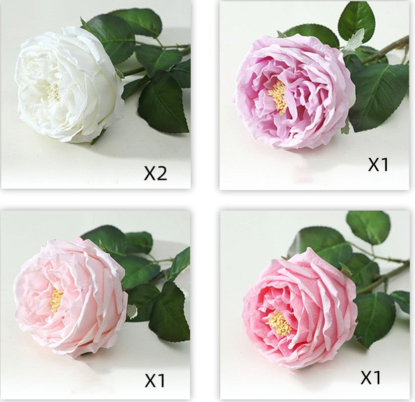 Luxury Ruffled Glass Vase Set - Elegant Living Room Decor with 5 Austin Roses (4 Colors) & 10 Eucalyptus Stems for DIY Floral Arrangements