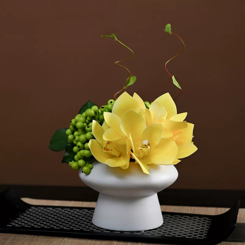 9.8 Inch Artificial Flower Bouquet with Ceramic Vase, 1 Pc, Classic Luxury Design for Restaurant and Bar Decor