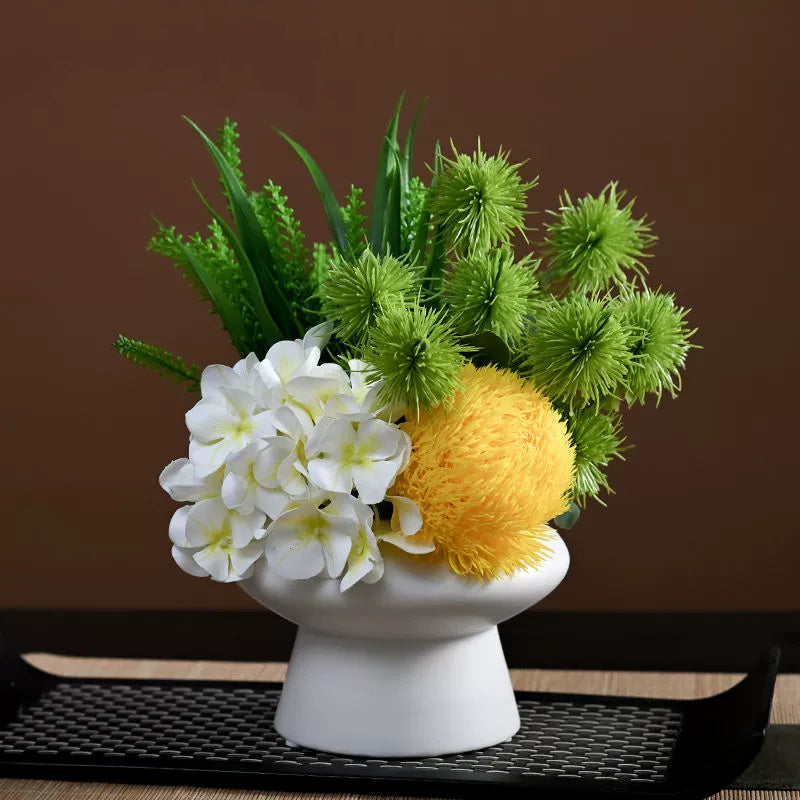 9.8 Inch Artificial Flower Bouquet with Ceramic Vase, 1 Pc, Classic Luxury Design for Restaurant and Bar Decor