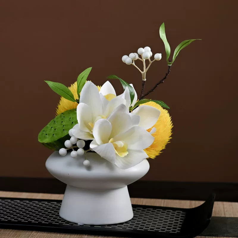 9.8 Inch Artificial Flower Bouquet with Ceramic Vase, 1 Pc, Classic Luxury Design for Restaurant and Bar Decor