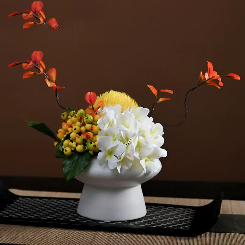 9.8 Inch Artificial Flower Bouquet with Ceramic Vase, 1 Pc, Classic Luxury Design for Restaurant and Bar Decor