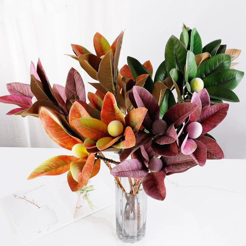 12 Inch Magnolia Leaves with Fruits Stems Spray, 12 Pcs Artificial Branch Leaves Bulk