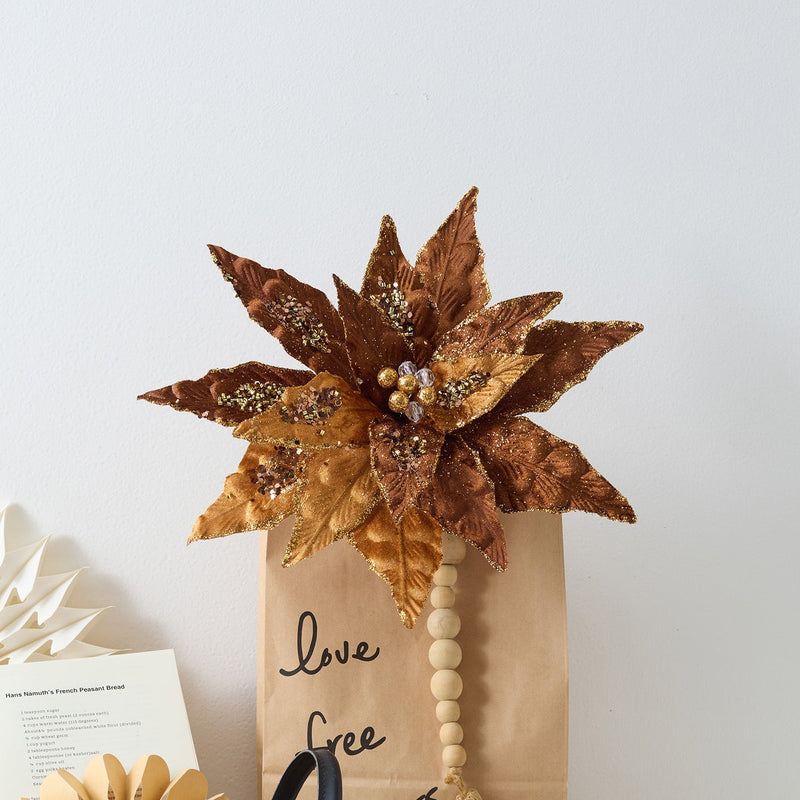 12.6 Inch Maillard Brown Artificial Christmas Flower 10 Pcs for Crafts and Holiday Decor