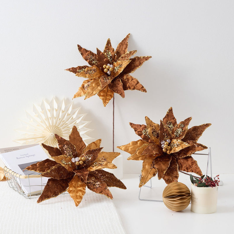 12.6 Inch Maillard Brown Artificial Christmas Flower 10 Pcs for Crafts and Holiday Decor