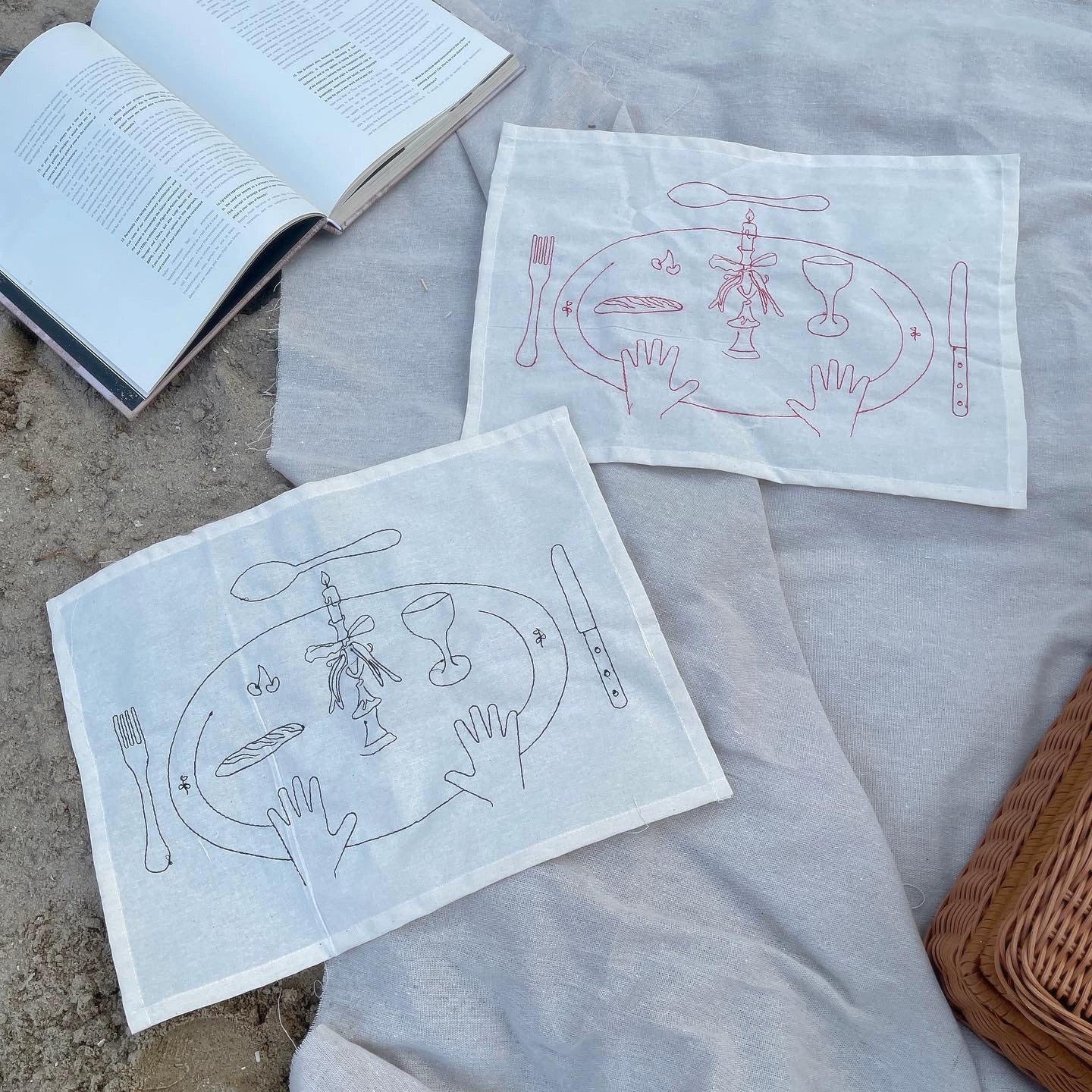Minimalist Embroidered Line Art Placemats & Napkins, 11.8"×15.7"