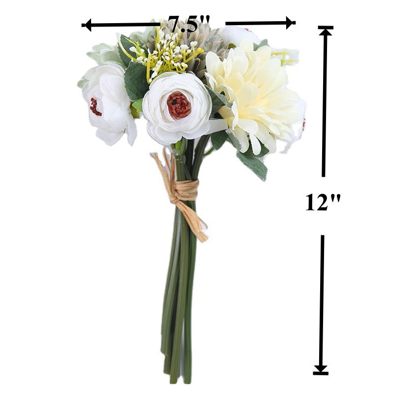12 Inch Mixed Faux Chrysanthemum Pompon and Peony Buds Bouquet, 10 Pcs Artificial Flowers