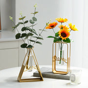 Gold Artificial Flower Vases with Glass Tube Insert, Set of 2, Decorative Home Centerpiece