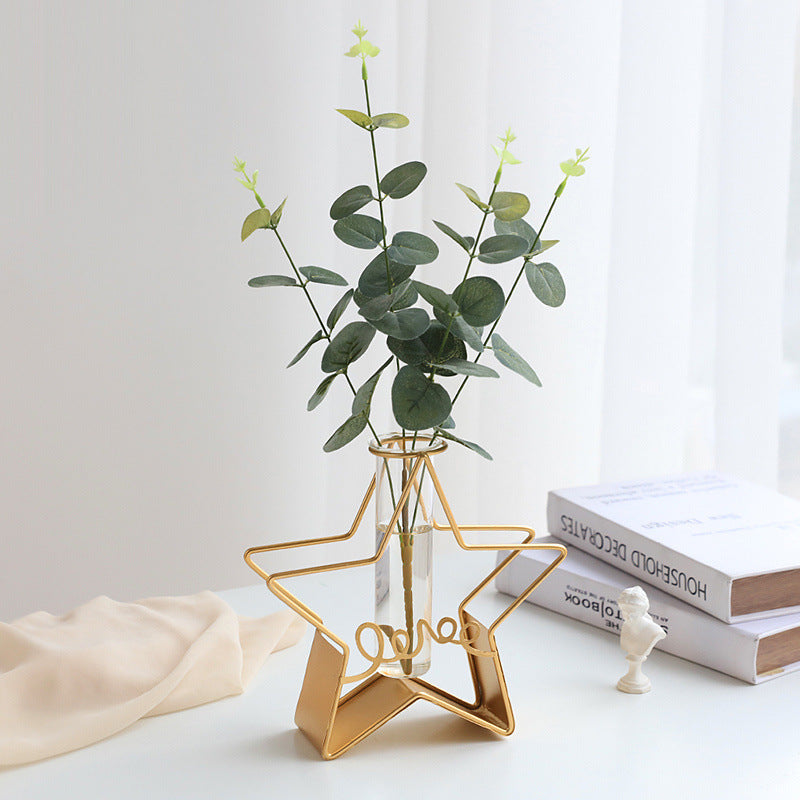 Gold Artificial Flower Vases with Glass Tube Insert, Set of 2, Decorative Home Centerpiece