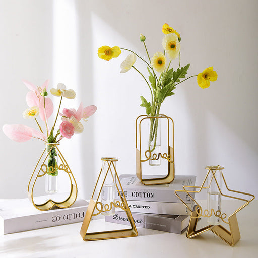 Gold Artificial Flower Vases with Glass Tube Insert, Set of 2, Decorative Home Centerpiece