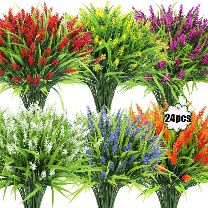 24 Inch 24 Pcs Mixed Color Artificial Monkey Grass Bushes UV Resistant Outdoor Plants