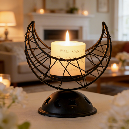Decorative candle holder with a lit candle in a cozy indoor setting