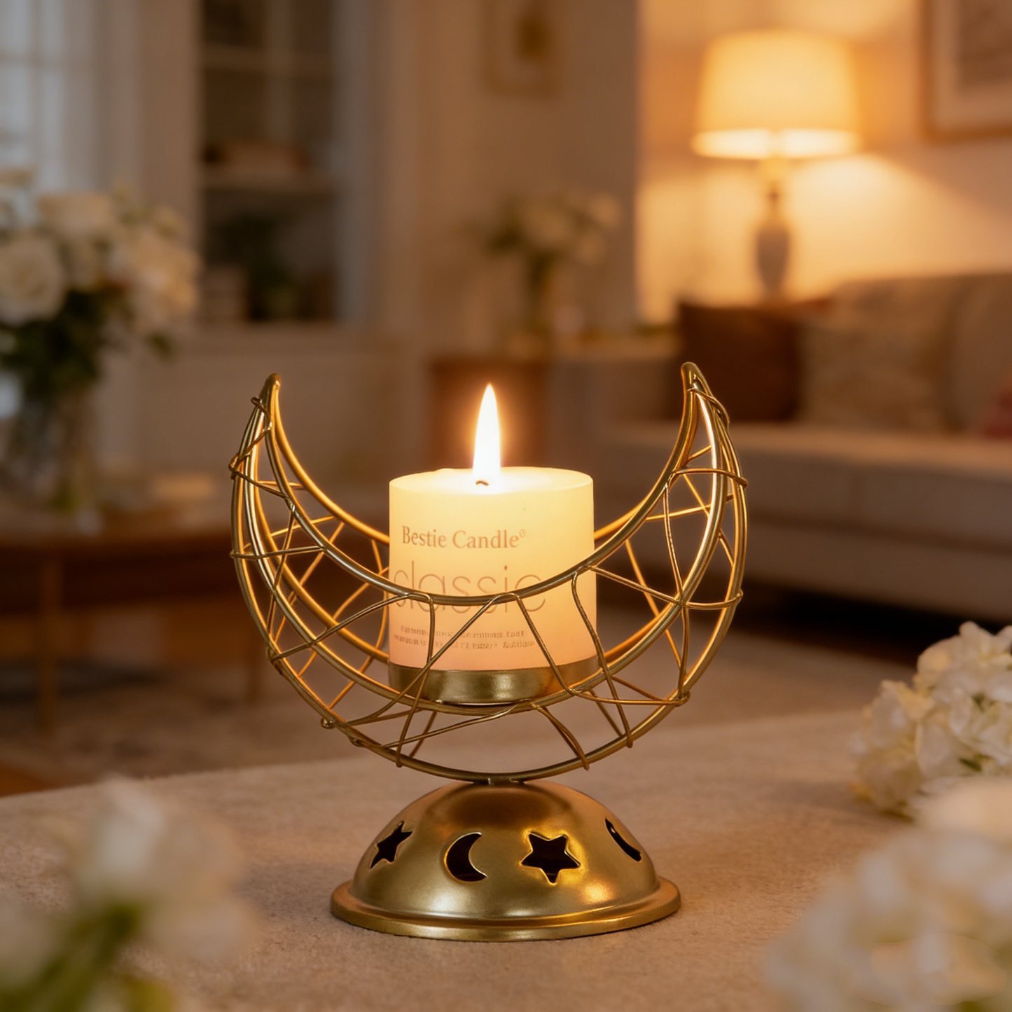 Moon Phase Metal Candle Holder & Incense Burner (Gold/Black) - Romantic Home & Wedding Decor