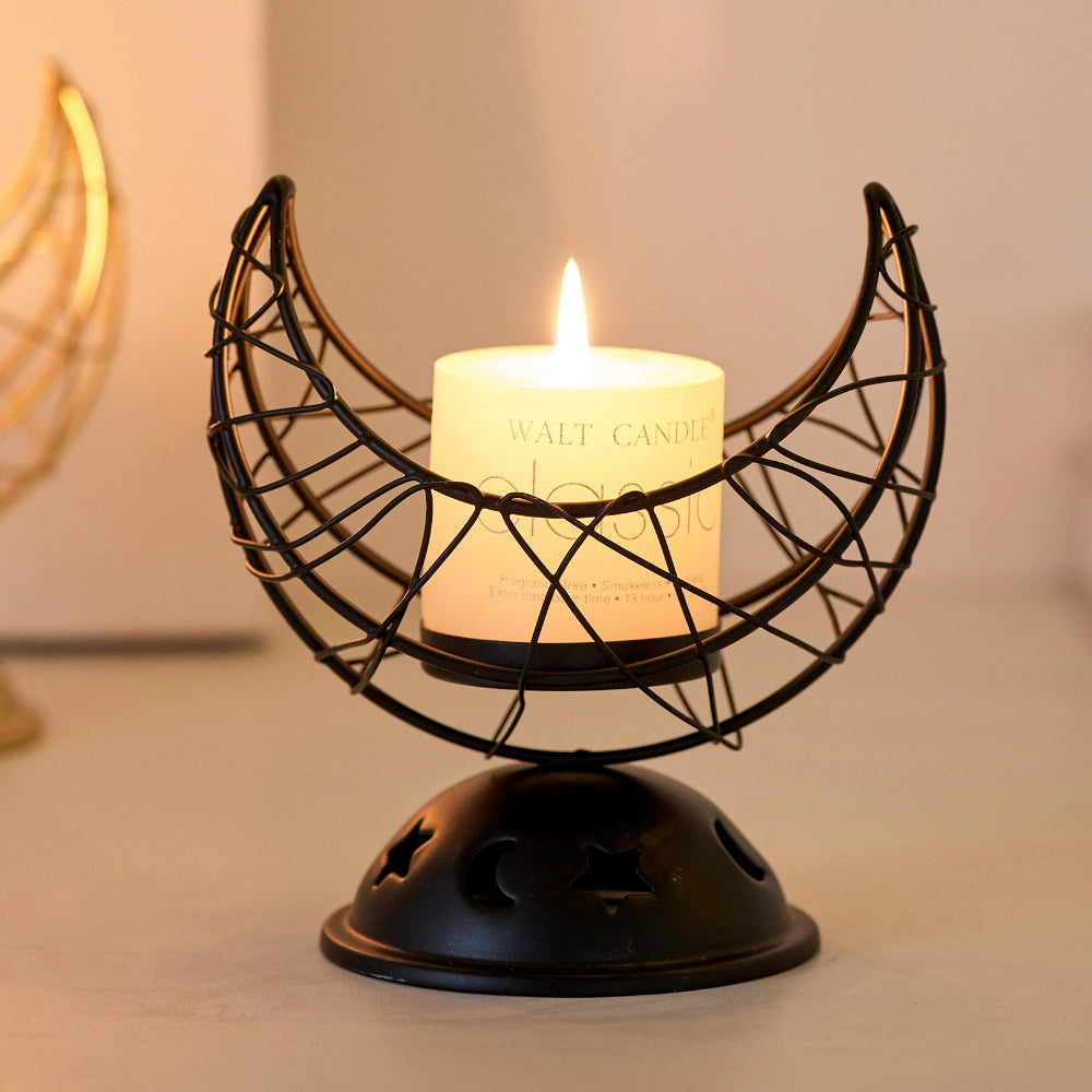 Moon Phase Metal Candle Holder & Incense Burner (Gold/Black) - Romantic Home & Wedding Decor