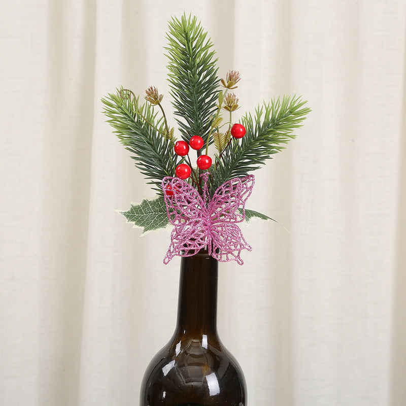 6 Pcs Multicolor Christmas Butterfly and Holly Berry Ornaments with Clips Artificial Decorations