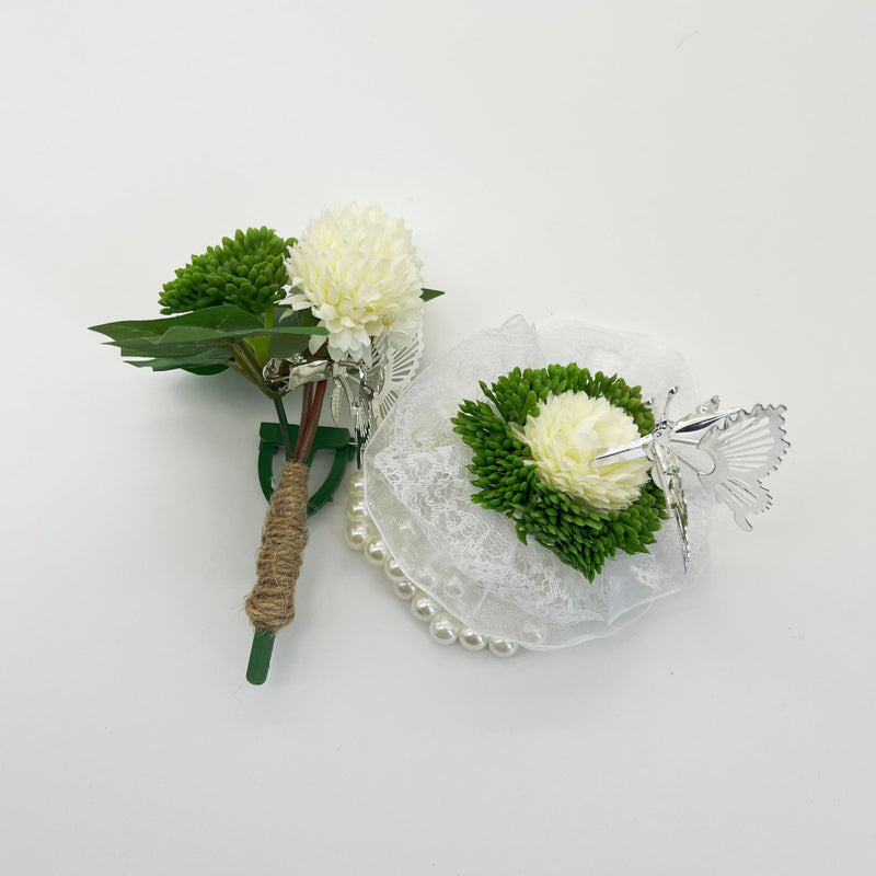 Mum Ball Flower Wrist Corsage Bracelet with Butterfly and Men Boutonniere Set for Wedding Party Bulk Wholesale