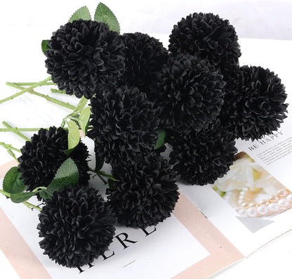 12 Inch Black Artificial Chrysanthemums Flowers Ball, 12 Pcs Bulk Pack for Halloween Decor