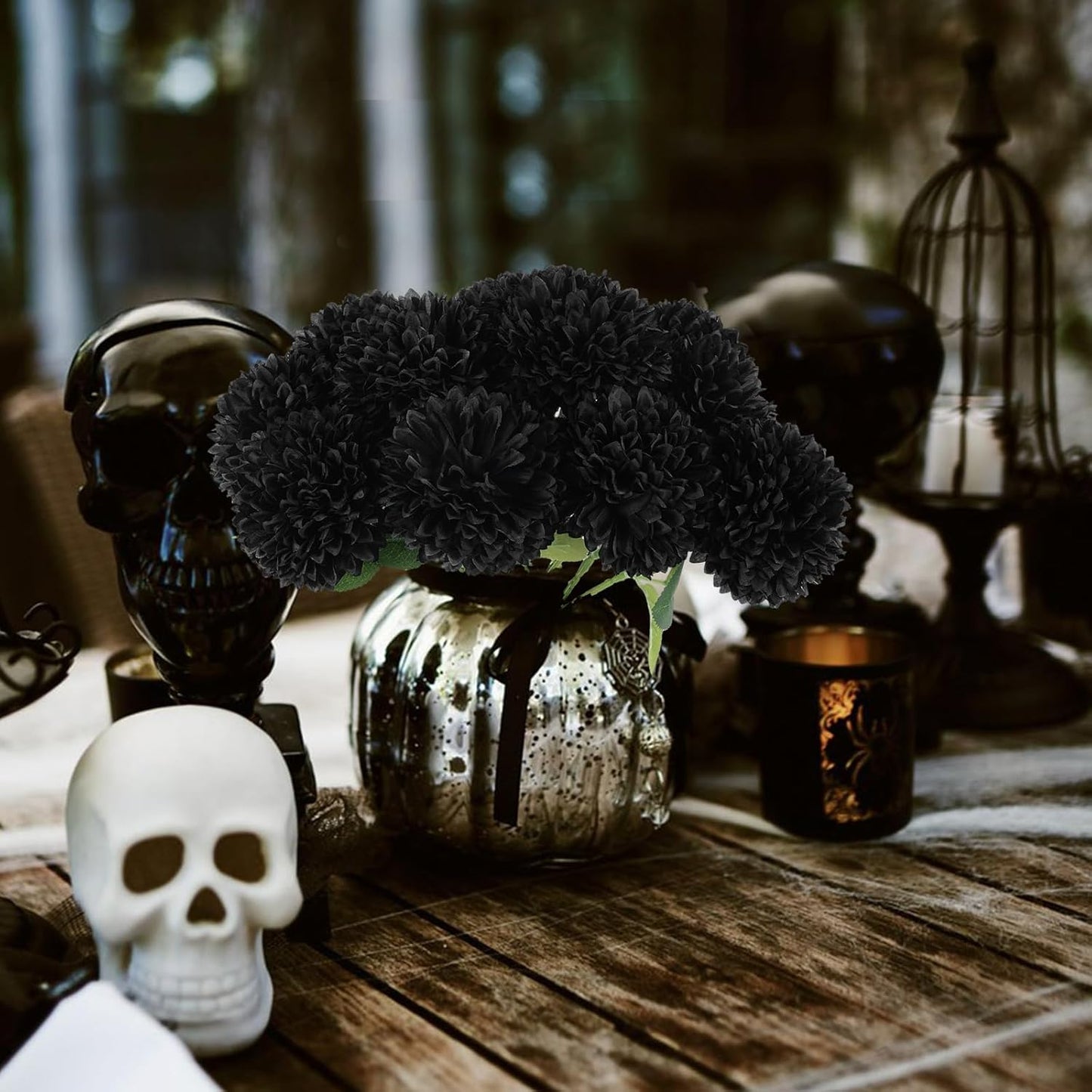 12 Inch Black Artificial Chrysanthemums Flowers Ball, 12 Pcs Bulk Pack for Halloween Decor
