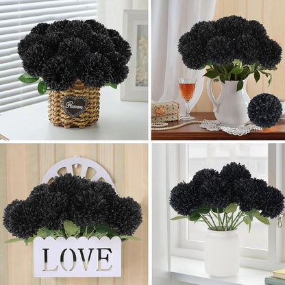 12 Inch Black Artificial Chrysanthemums Flowers Ball, 12 Pcs Bulk Pack for Halloween Decor