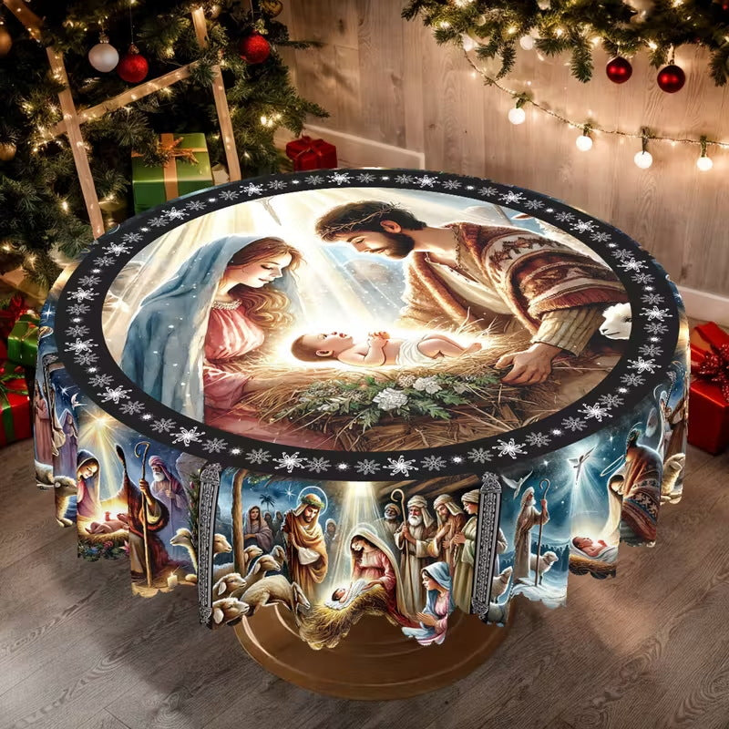 Nativity Round Tablecloth - 60 Inch Waterproof Stain-Resistant Festive Holiday Decor Table Cover