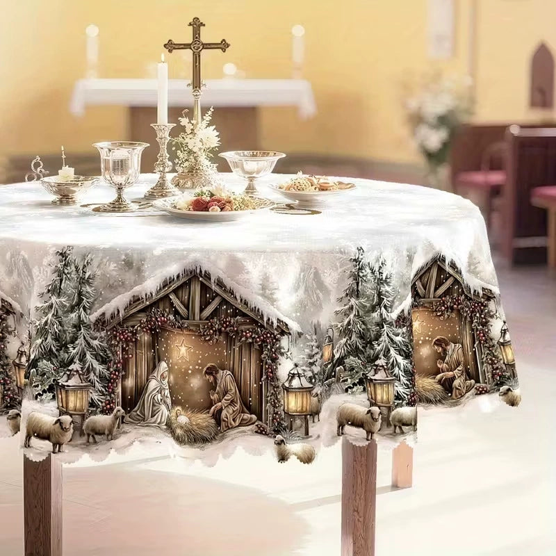 Nativity Round Tablecloth - 60 Inch Waterproof Stain-Resistant Festive Holiday Decor Table Cover