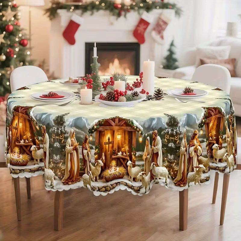 Nativity Round Tablecloth - 60 Inch Waterproof Stain-Resistant Festive Holiday Decor Table Cover