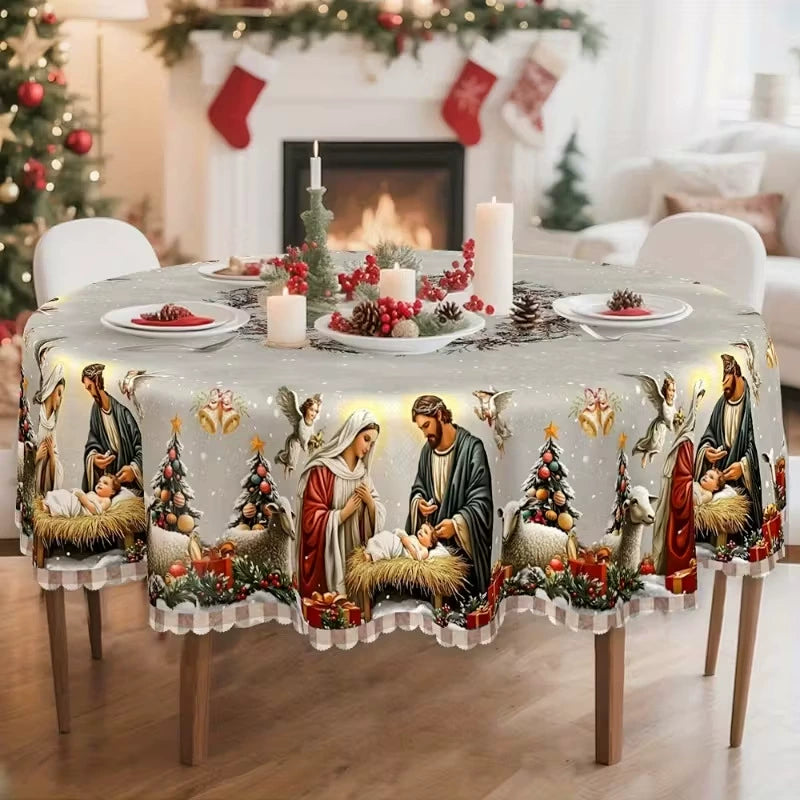 Nativity Round Tablecloth - 60 Inch Waterproof Stain-Resistant Festive Holiday Decor Table Cover
