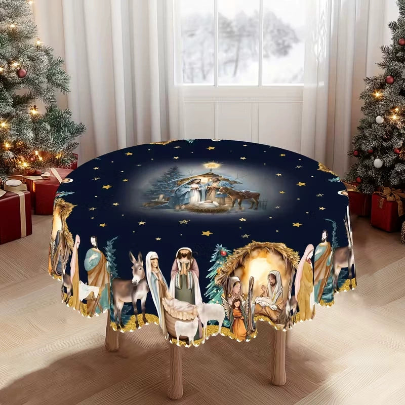 Nativity Round Tablecloth - 60 Inch Waterproof Stain-Resistant Festive Holiday Decor Table Cover
