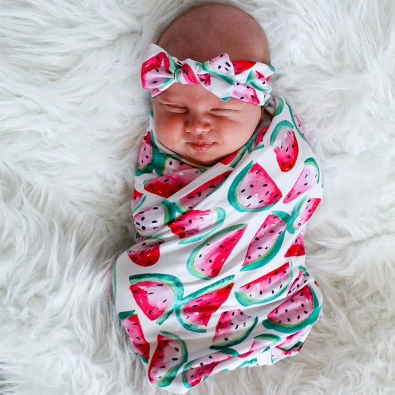 Newborn Swaddle Blanket Set with Fruit Print - Baby Swaddle, Bunny Ear Headband for Infant Photography & Daily Use