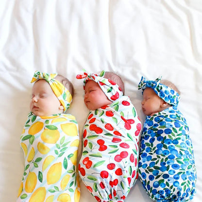 Newborn Swaddle Blanket Set with Fruit Print - Baby Swaddle, Bunny Ear Headband for Infant Photography & Daily Use