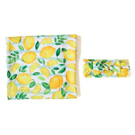 Newborn Swaddle Blanket Set with Fruit Print - Baby Swaddle, Bunny Ear Headband for Infant Photography & Daily Use