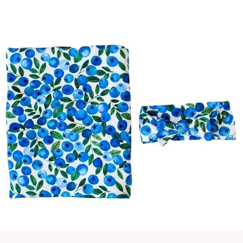 Newborn Swaddle Blanket Set with Fruit Print - Baby Swaddle, Bunny Ear Headband for Infant Photography & Daily Use