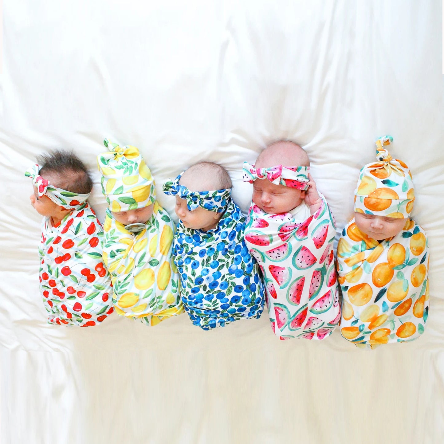 Newborn Swaddle Blanket Set with Fruit Print - Baby Swaddle, Bunny Ear Headband for Infant Photography & Daily Use