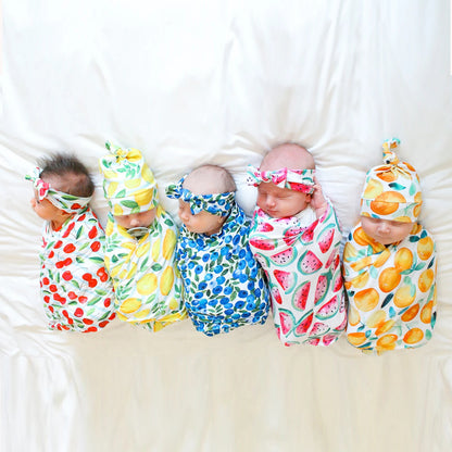 Newborn Swaddle Blanket Set with Fruit Print - Baby Swaddle, Bunny Ear Headband for Infant Photography & Daily Use