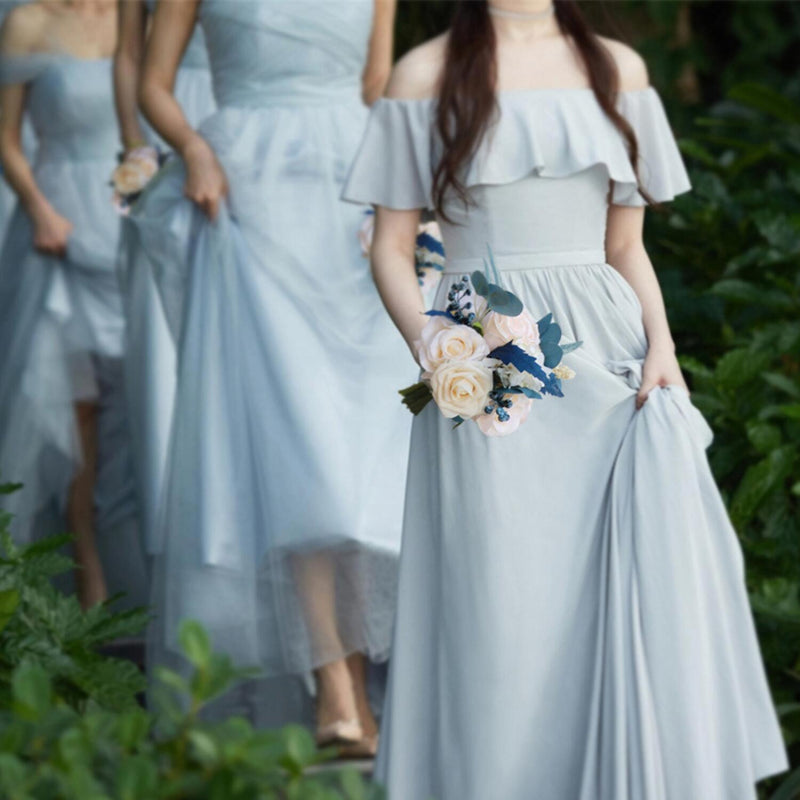 7 Inch Bridesmaid Bouquets 6 Pcs Noble Navy Blue and Champagne Artificial Flowers Wedding Arrangements