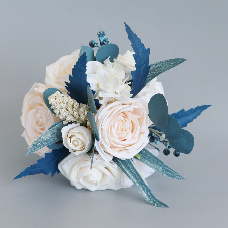 7 Inch Bridesmaid Bouquets 6 Pcs Noble Navy Blue and Champagne Artificial Flowers Wedding Arrangements