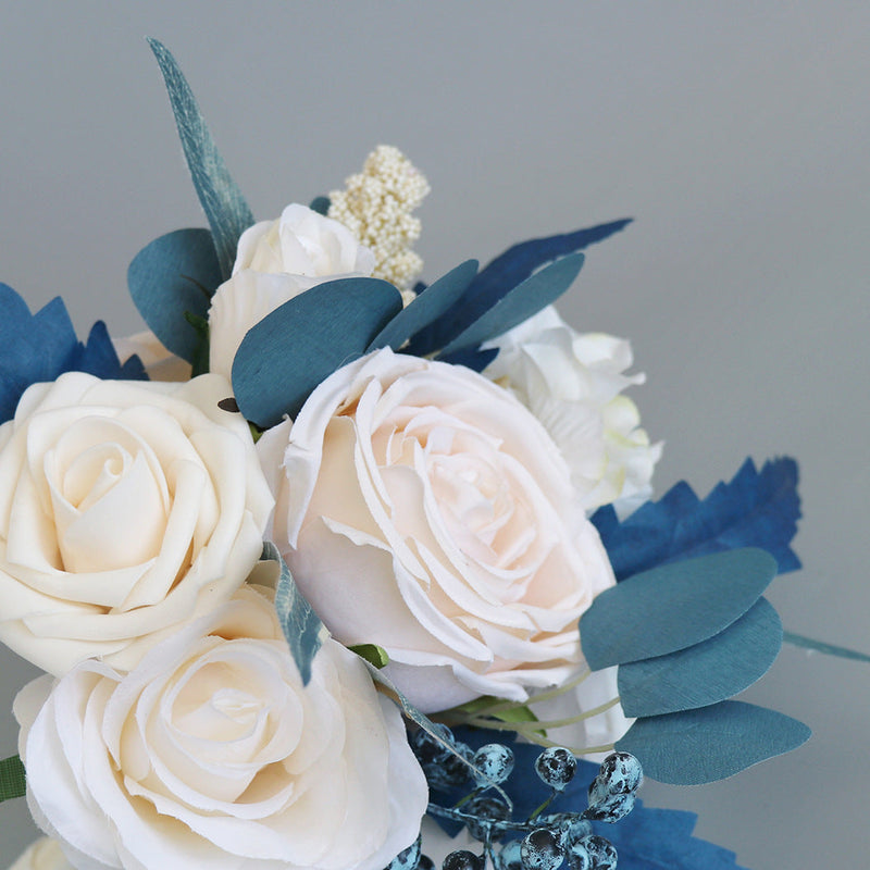 7 Inch Bridesmaid Bouquets 6 Pcs Noble Navy Blue and Champagne Artificial Flowers Wedding Arrangements