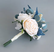 7 Inch Bridesmaid Bouquets 6 Pcs Noble Navy Blue and Champagne Artificial Flowers Wedding Arrangements