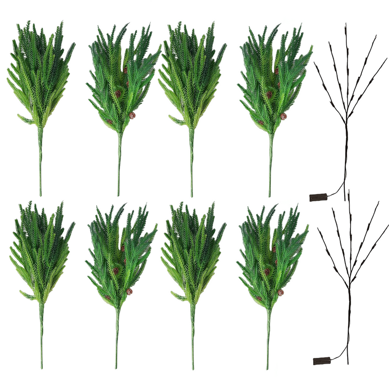 18 Inch Artificial Norfolk Pine Branches with LED Lights, Bulk Christmas Decor, 10 Pcs