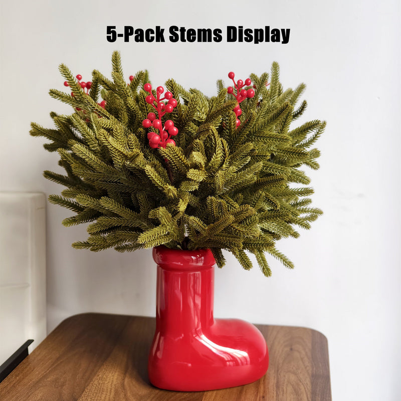 16 Inch Artificial Norfolk Pine Branches with Holy Berries, 10 Pcs Christmas Vase Fillers for Wreath DIY