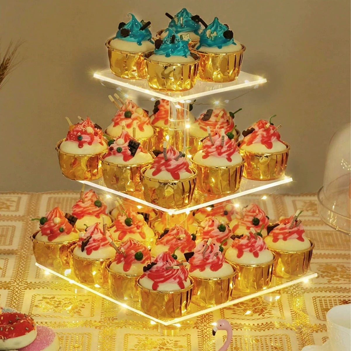 Bulk 2 Pcs Cupcake Stand Holder Acrylic Tower with LED Lighting System Commercial-Grade Dessert Display for Wedding Candy Bars 5-Star Buffets  Warm Gold Wholesale