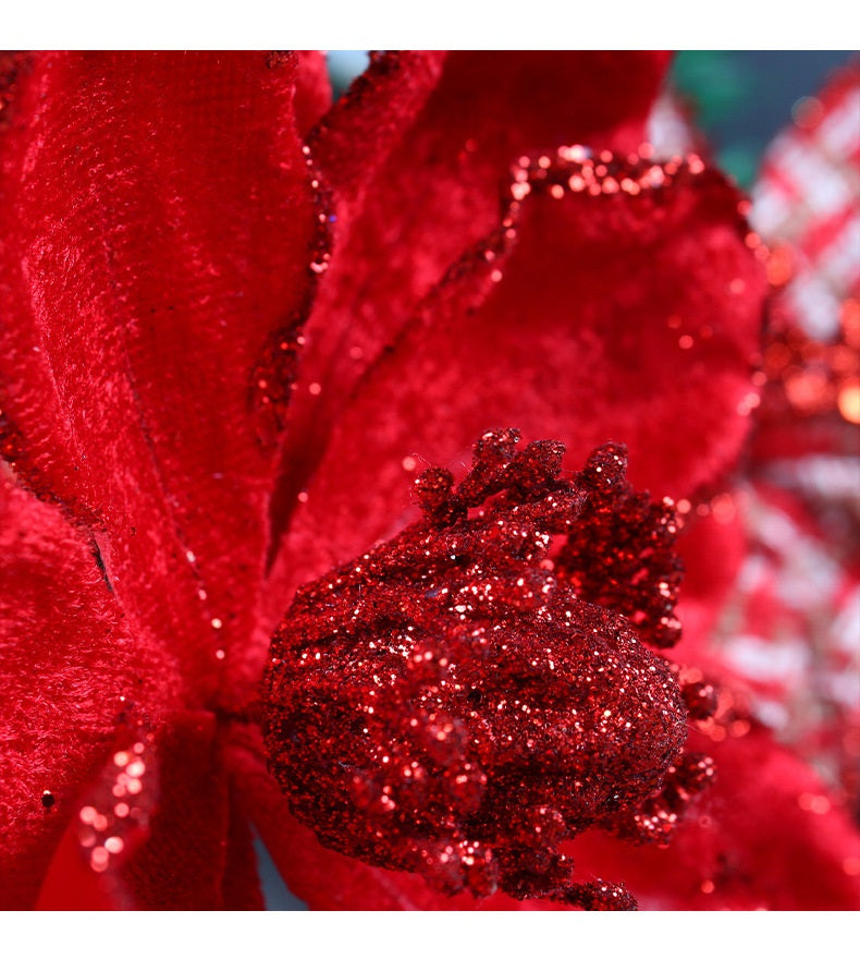 Glitter Artificial Poinsettia Flowers 10 Pcs Christmas Decorations for Tree Garland Rattan Accessories