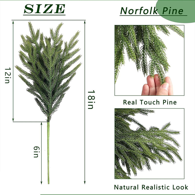 20 Pcs 18 Inch Artificial Norfolk Pine Branches, Realistic Touch Faux Pine Stems for Vase, Fireplace, DIY Garland, Wreath, Table & Indoor Christmas Decor