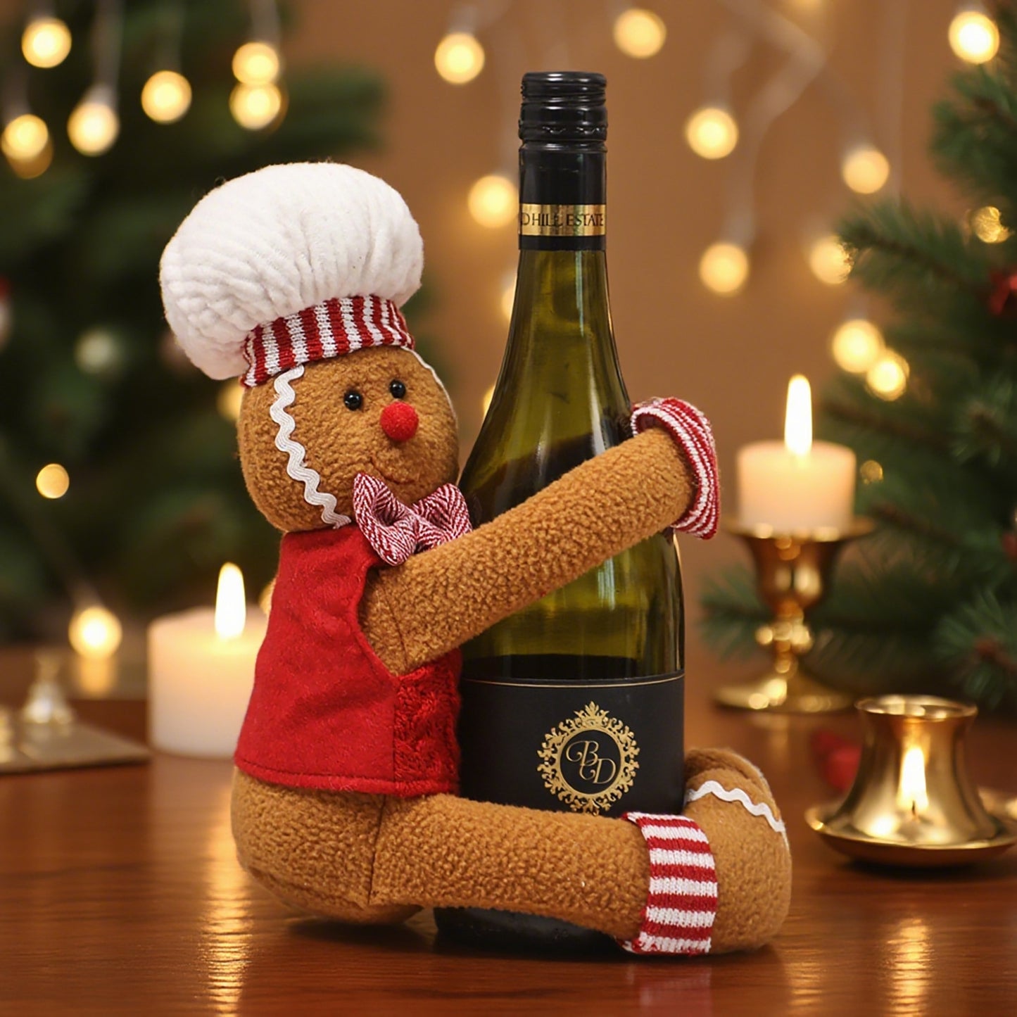 Christmas Couple Gingerbread Man Wine Bottle Cover - Festive Fabric Decor