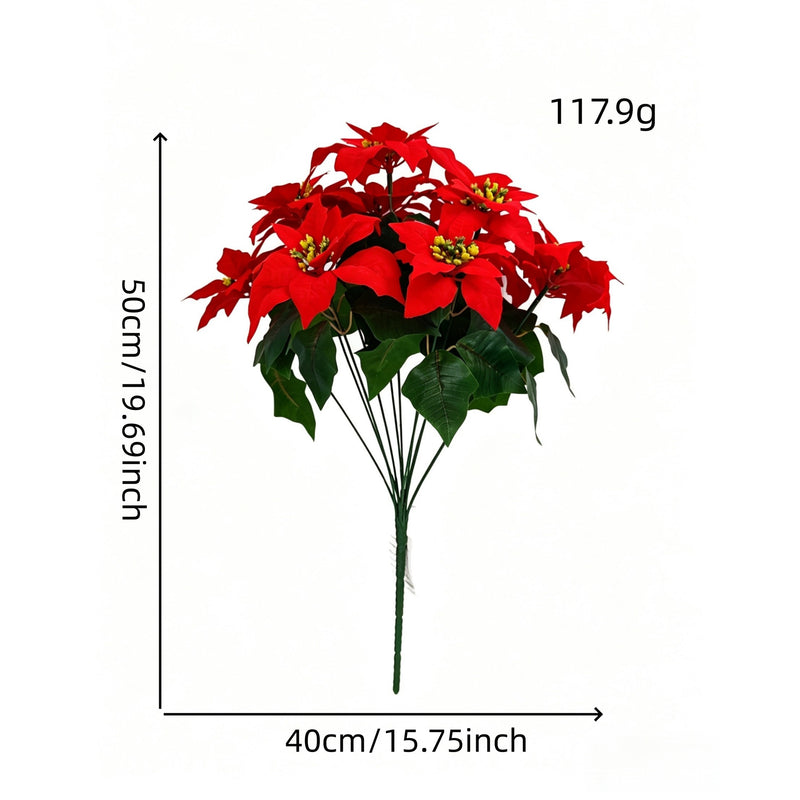 Artificial Poinsettia Bush with 12 Blooms, 20" Tall, Silk-Like Fabric, Perfect for Christmas, Weddings, and Home Decor