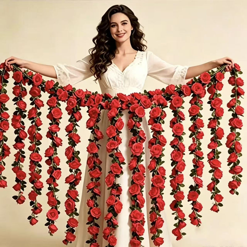 Artificial Rose Garland Vine, 47" Length, 45 Blooms, Modern Farmhouse Style, Perfect for Weddings, Home Decor, & Events