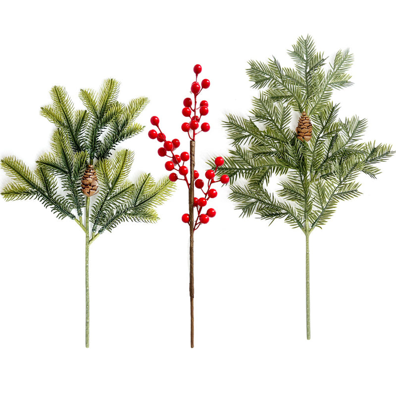 Artificial Red Berry & Pine Needle Christmas Stem, Plastic Faux Holly Pick for Wreaths, Floral Arrangements & Holiday Decor